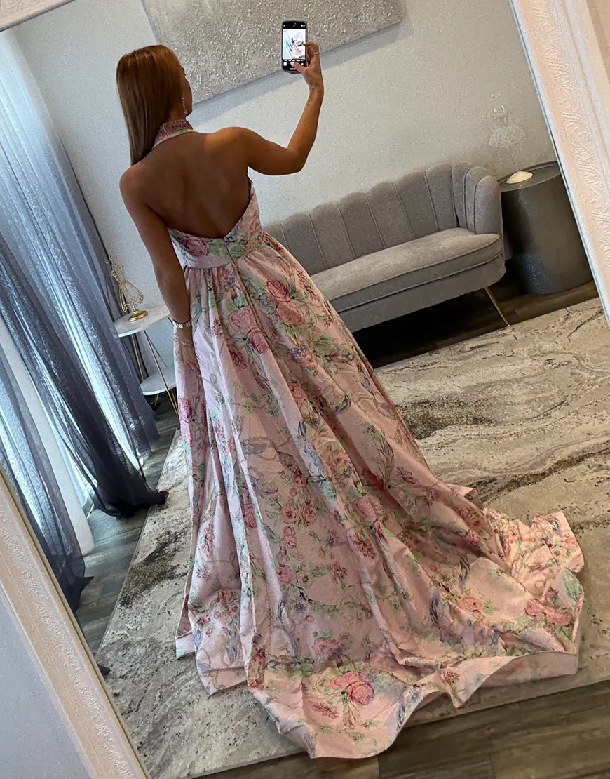 Floral Pink A Line Halter Long Prom Dress with Slit