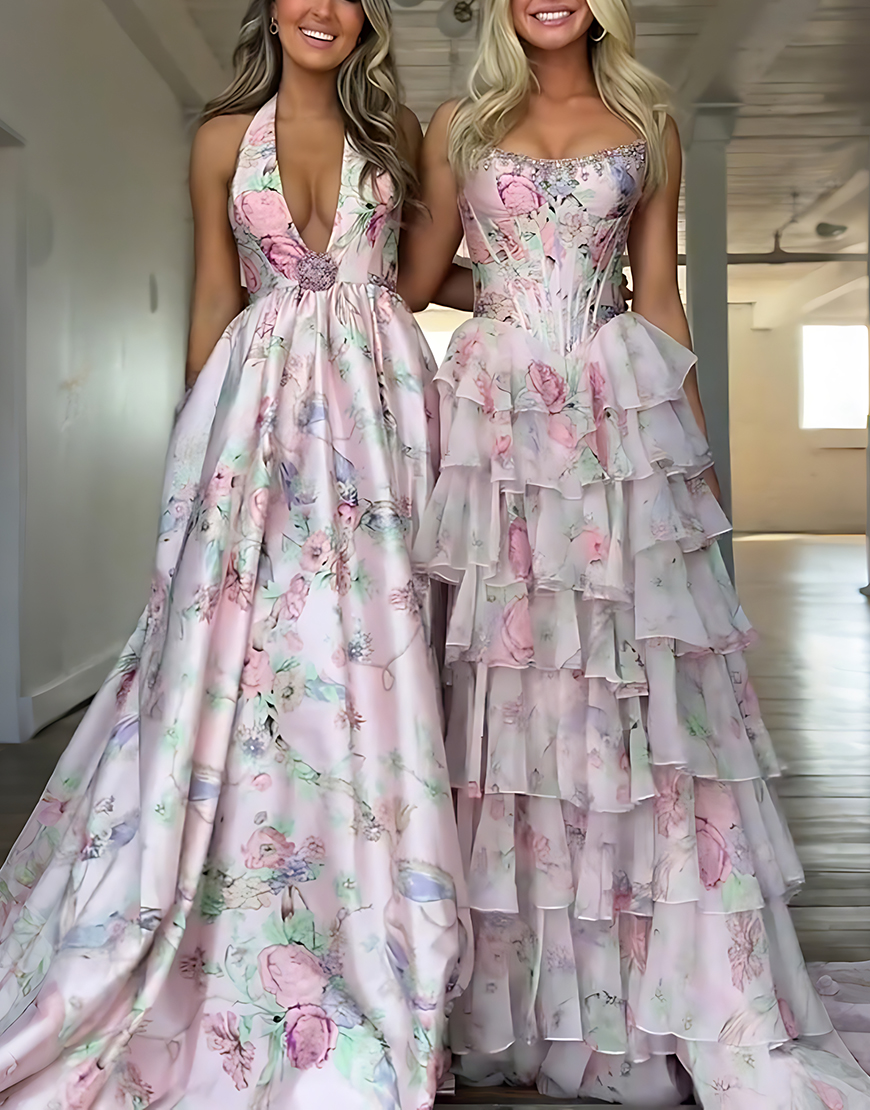 Floral Pink A Line Halter Long Prom Dress with Slit