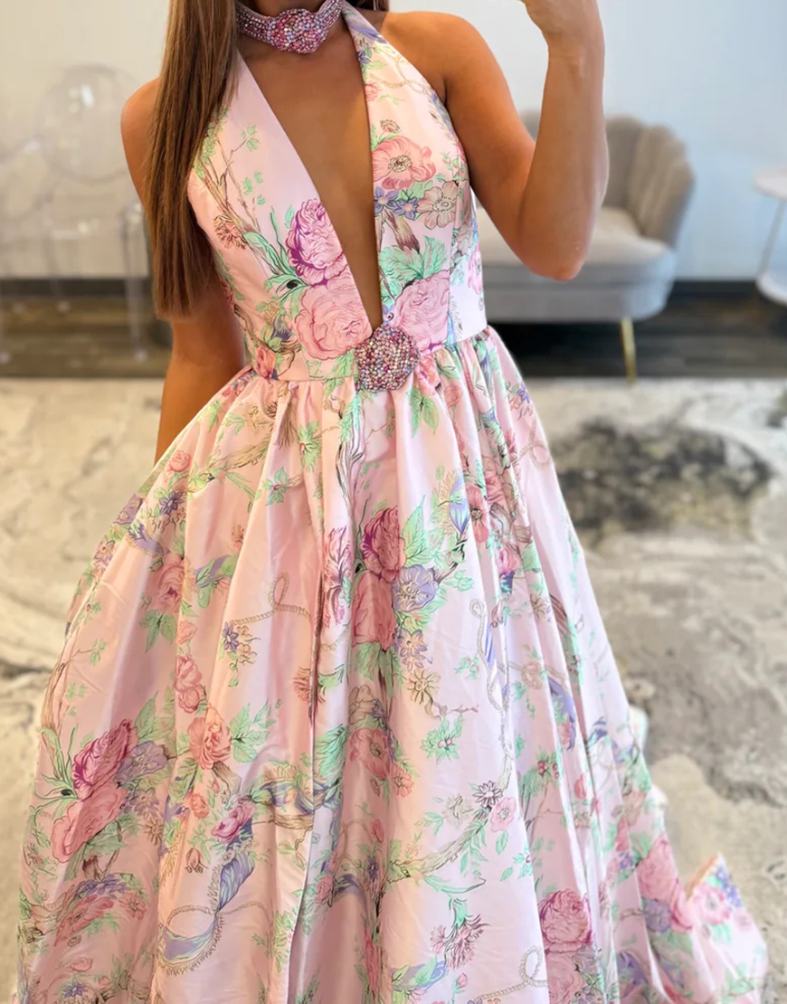 Floral Pink A Line Halter Long Prom Dress with Slit