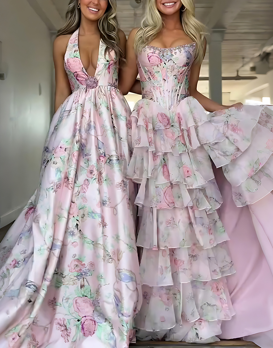 Floral Pink A Line Halter Long Prom Dress with Slit