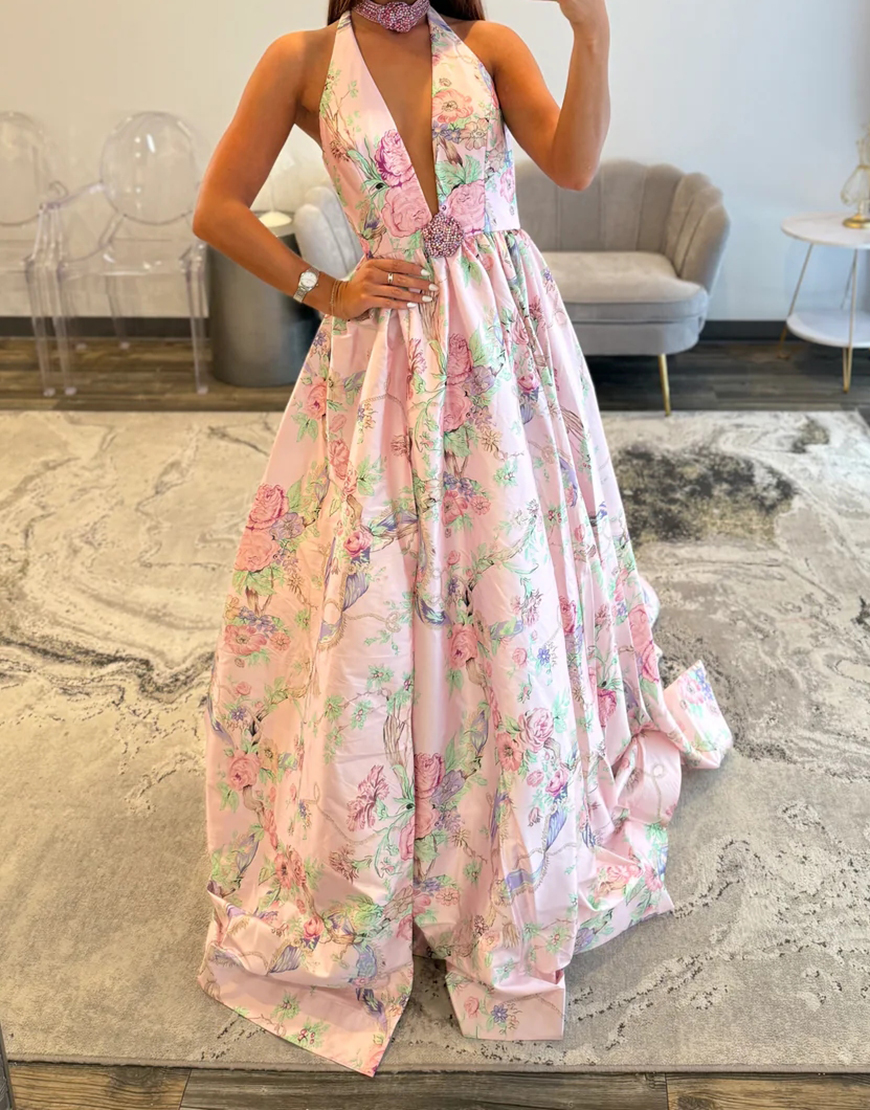 Floral Pink A Line Halter Long Prom Dress with Slit
