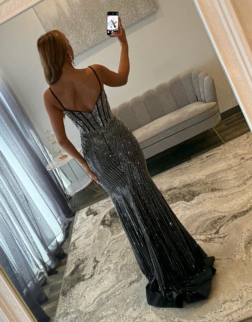 Sparkly Black Mermaid Corset Beaded Long Prom Dress