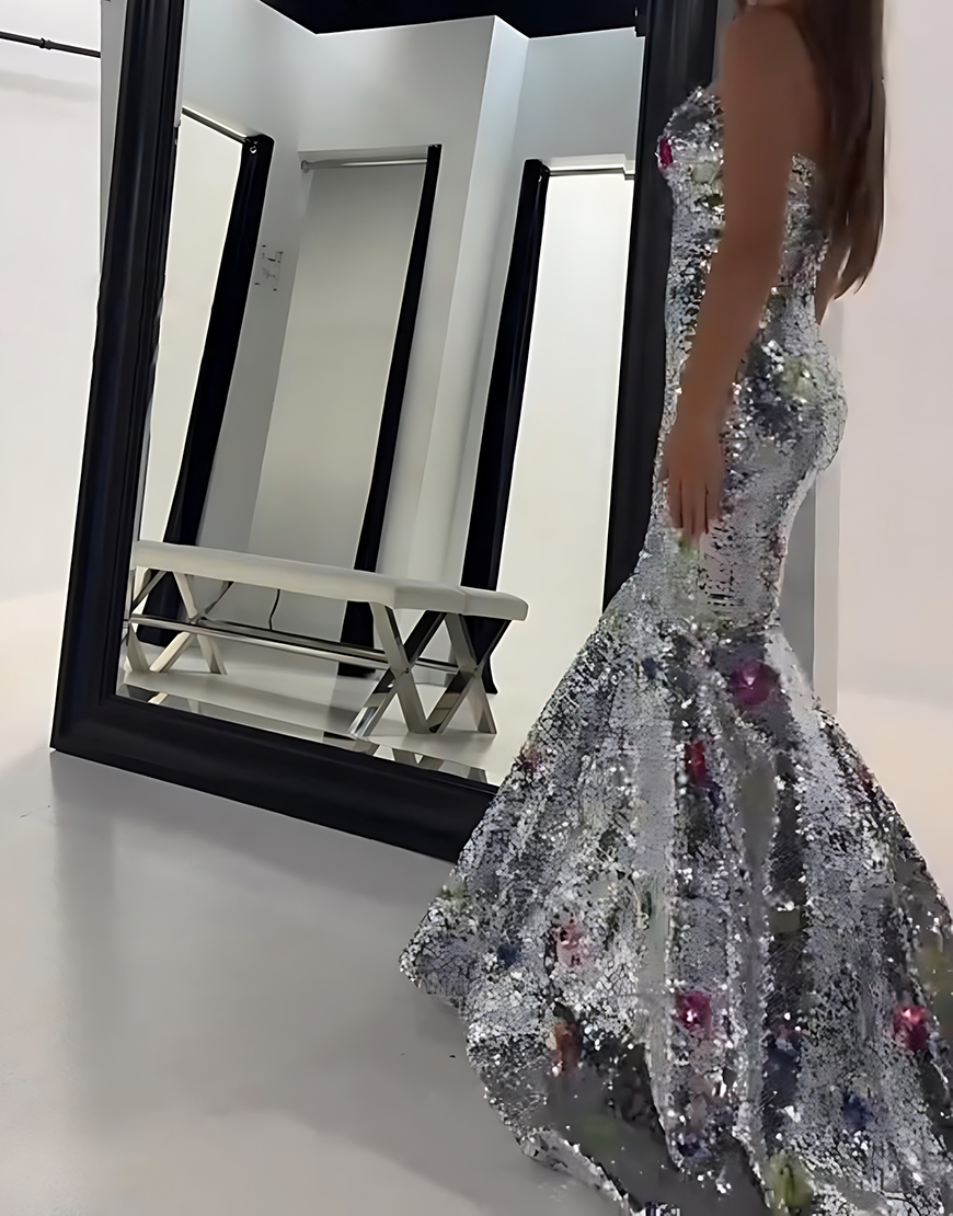 Sparkly Silver Mermaid Strapless Long Sequin Prom Dress