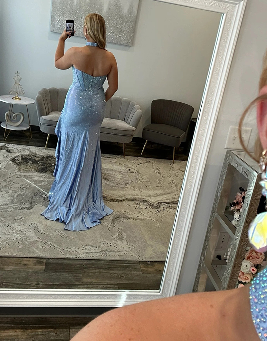 Sparkly Lilac Sweetheart Corset Beaded Long Prom Dress with Slit