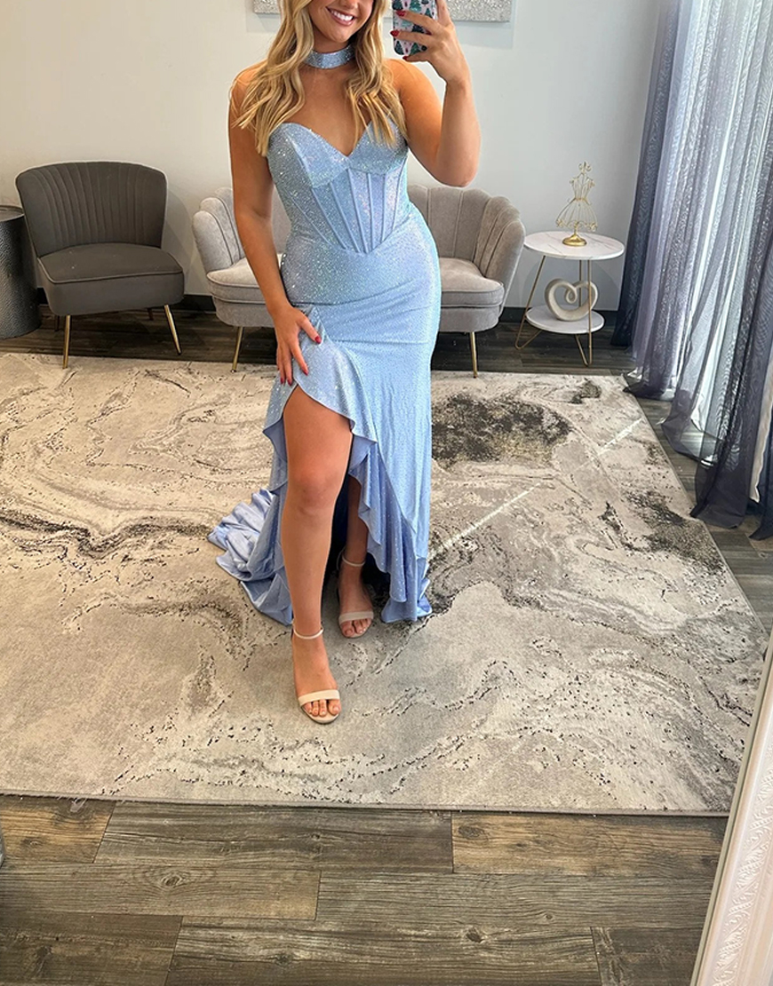 Sparkly Lilac Sweetheart Corset Beaded Long Prom Dress with Slit