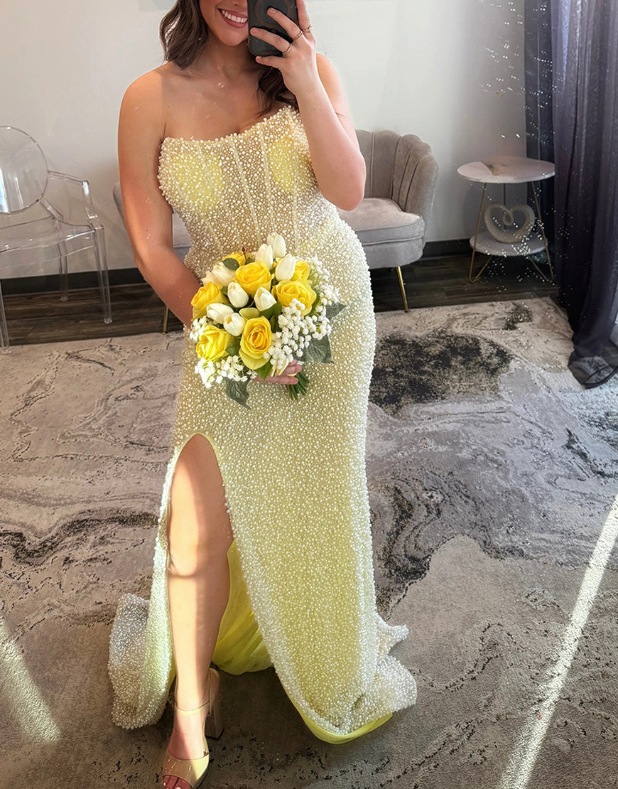 Sparkly Light Blue Mermaid Corset Long Beaded Prom Dress with Slit