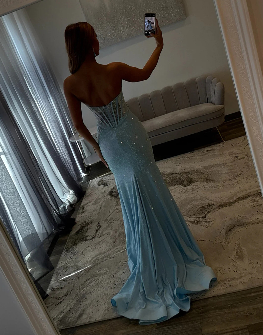 Sparkly Blue Mermaid Corset Beaded Long Prom Dress with Slit