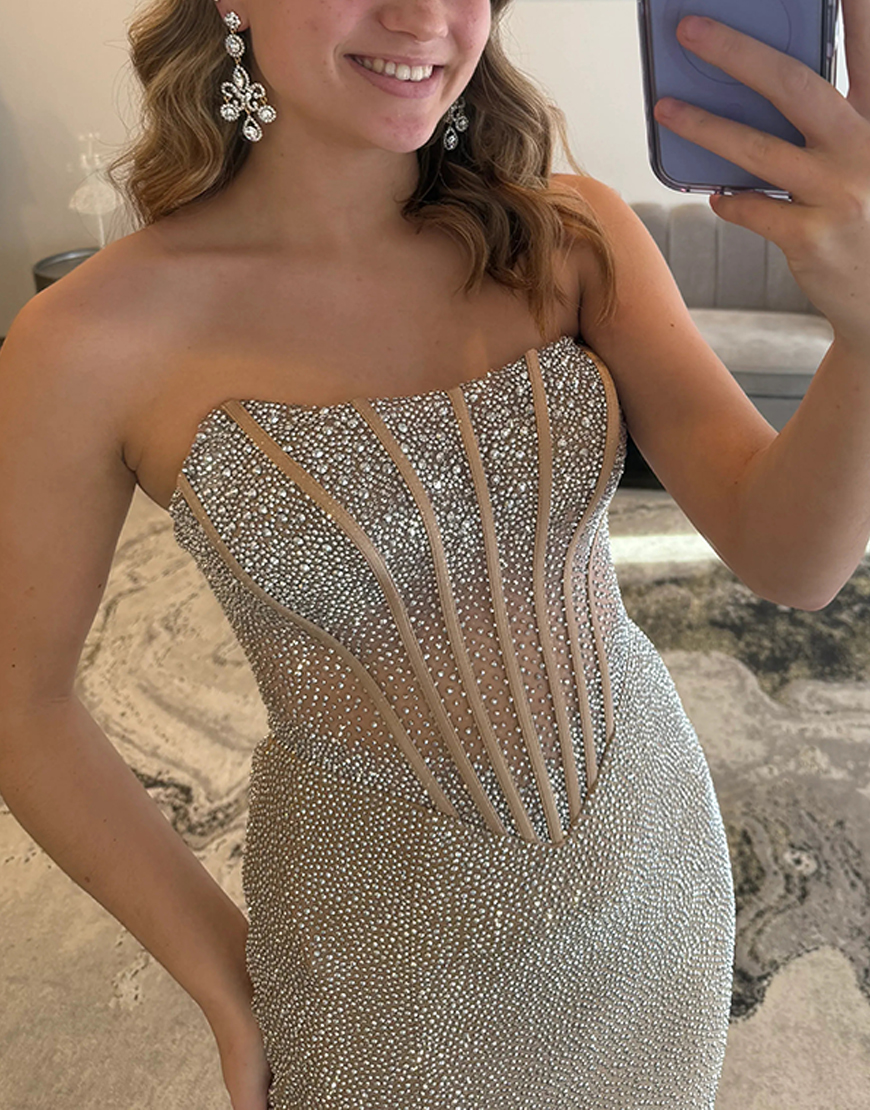 Sparkly Blue Mermaid Corset Beaded Long Prom Dress with Slit