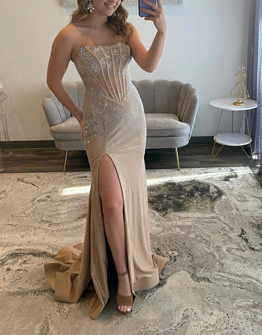 Sparkly Blue Mermaid Corset Beaded Long Prom Dress with Slit