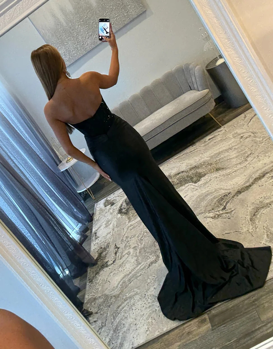 Black Mermaid Sweetheart Corset Satin Long Prom Dress