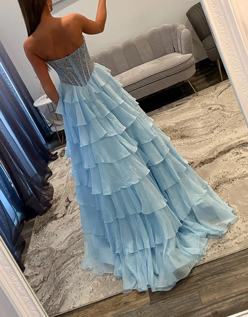 Sparkly Pink A Line Corset Tiered Beaded Long Prom Dress with Slit