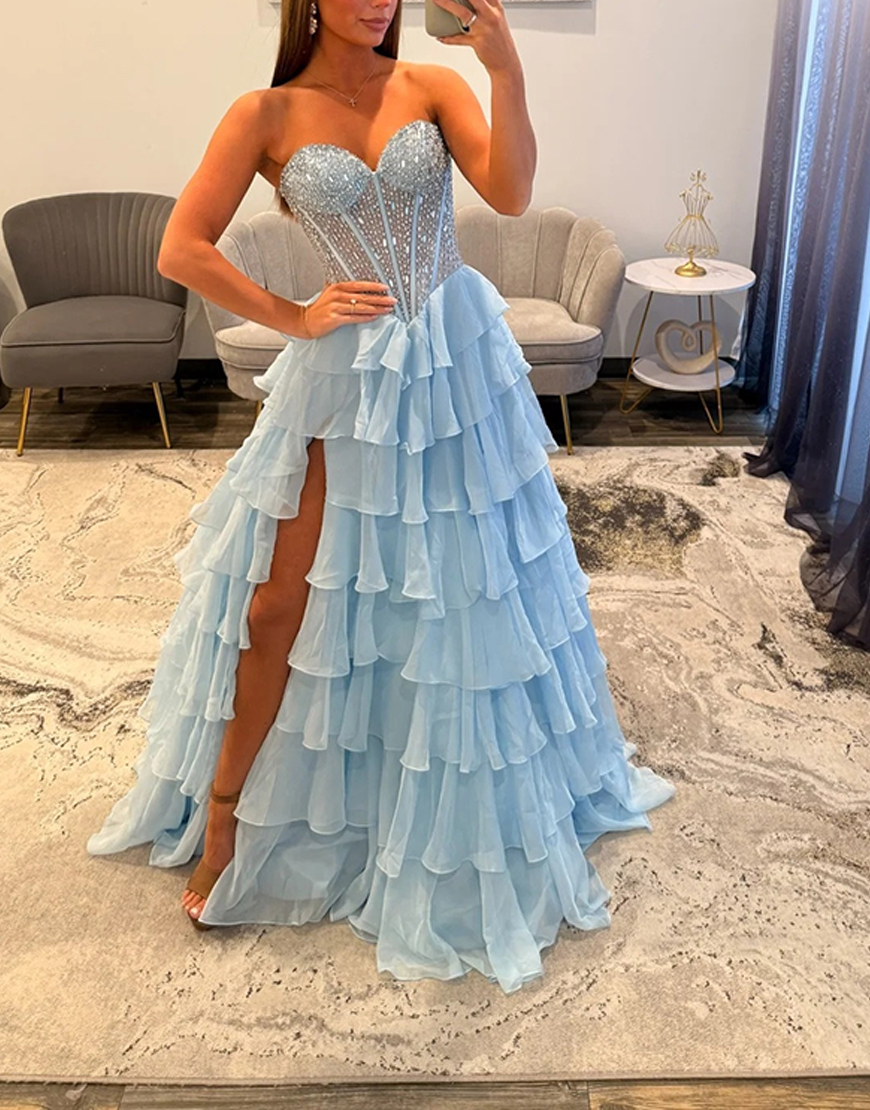 Sparkly Pink A Line Corset Tiered Beaded Long Prom Dress with Slit