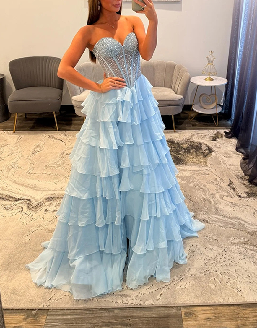 Sparkly Pink A Line Corset Tiered Beaded Long Prom Dress with Slit