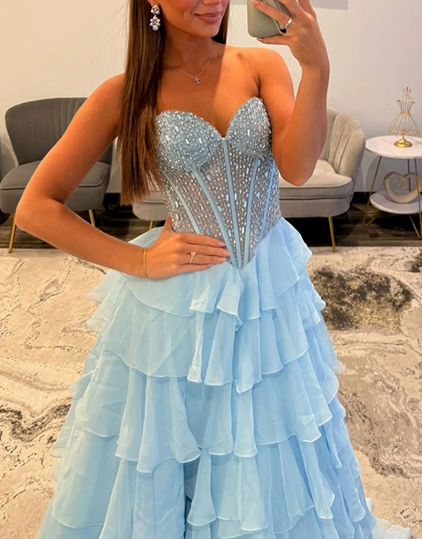 Sparkly Pink A Line Corset Tiered Beaded Long Prom Dress with Slit