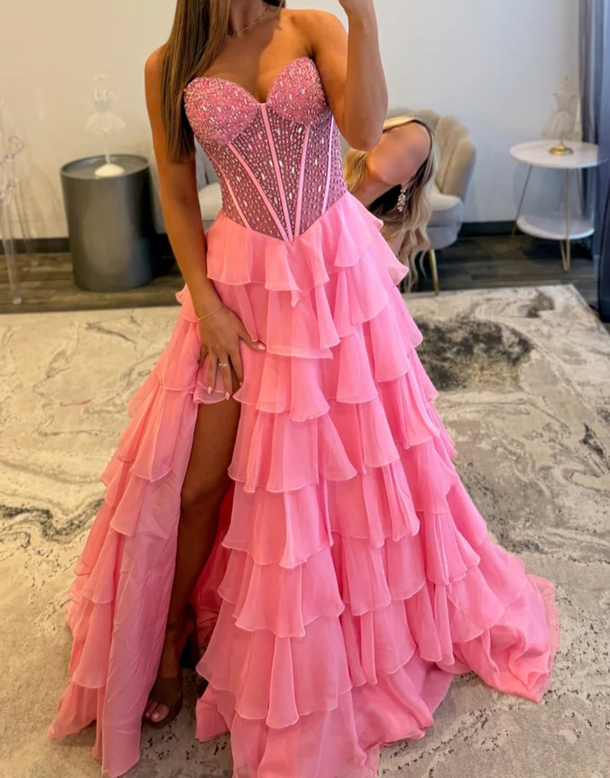 Sparkly Pink A Line Corset Tiered Beaded Long Prom Dress with Slit