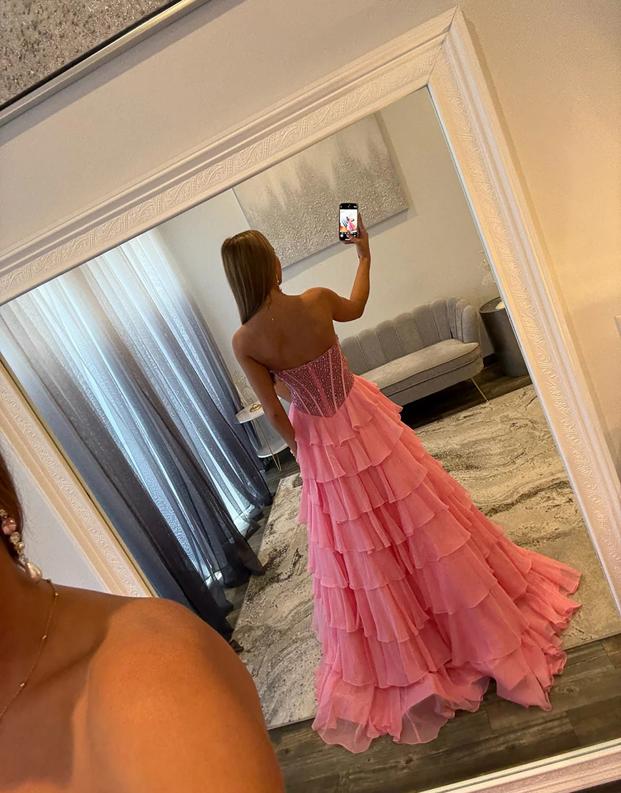 Sparkly Pink A Line Corset Tiered Beaded Long Prom Dress with Slit