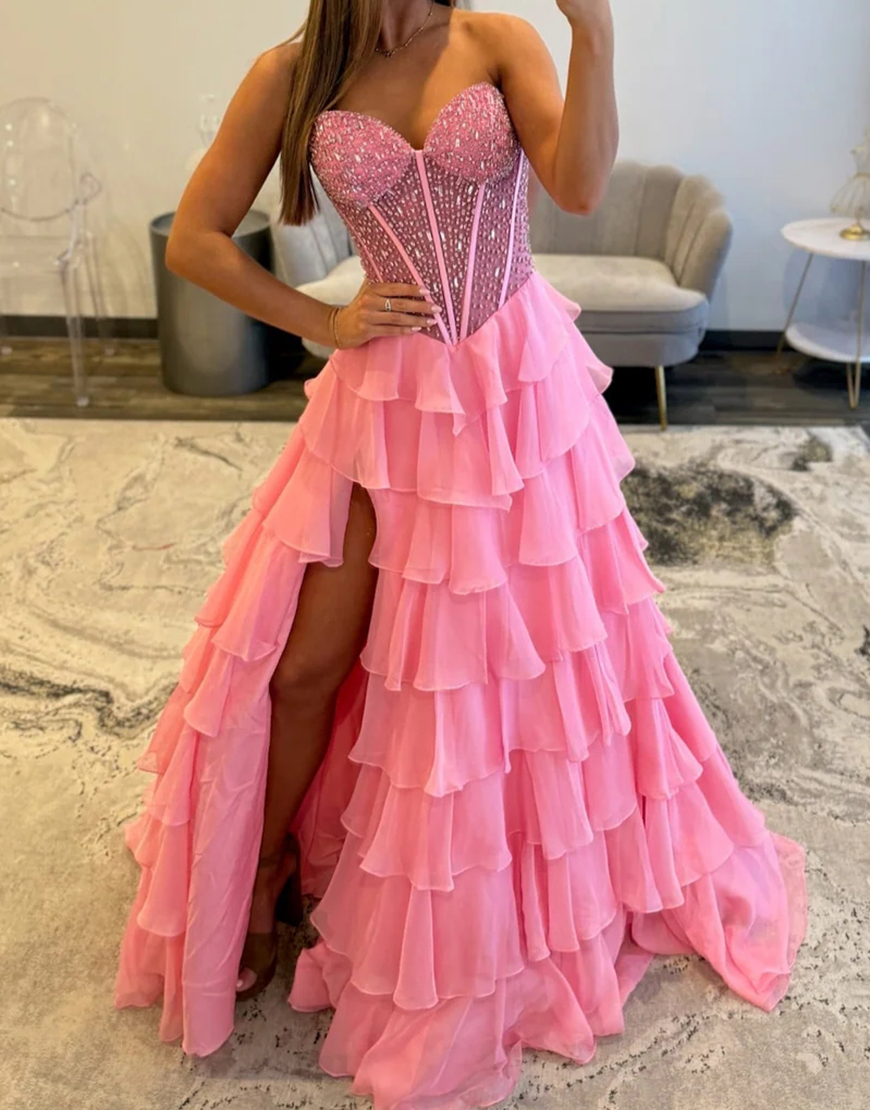 Sparkly Pink A Line Corset Tiered Beaded Long Prom Dress with Slit