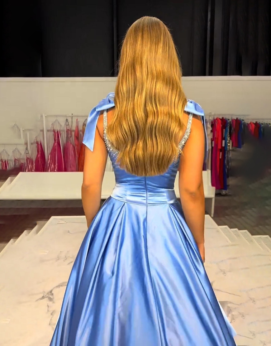 Sparkly Red Beaded A Line Long Satin Prom Dress with Bow