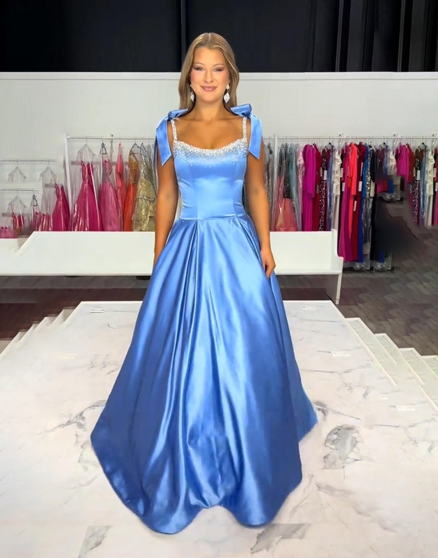 Sparkly Red Beaded A Line Long Satin Prom Dress with Bow