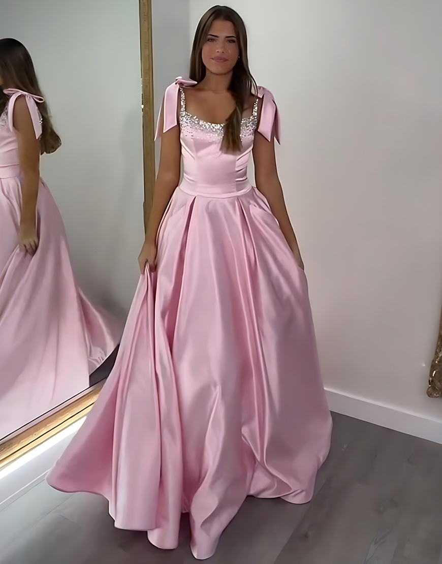 Sparkly Red Beaded A Line Long Satin Prom Dress with Bow