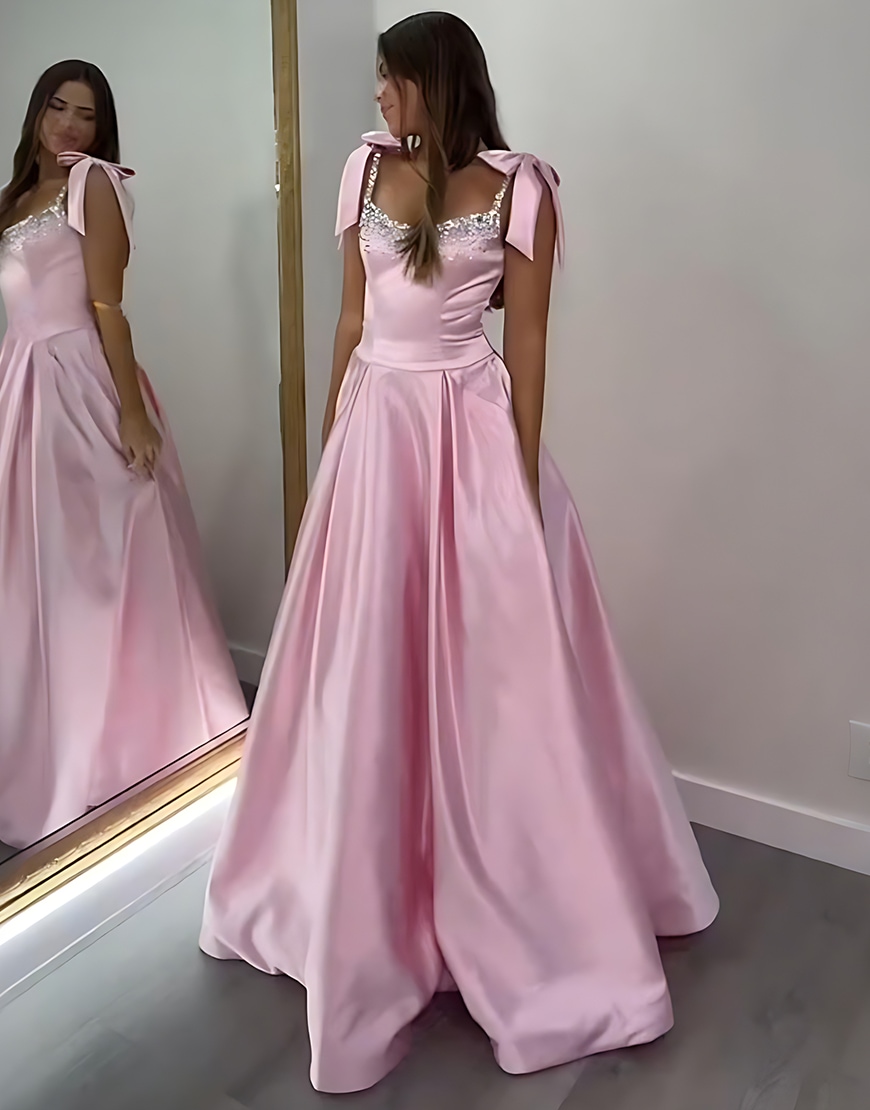 Sparkly Red Beaded A Line Long Satin Prom Dress with Bow