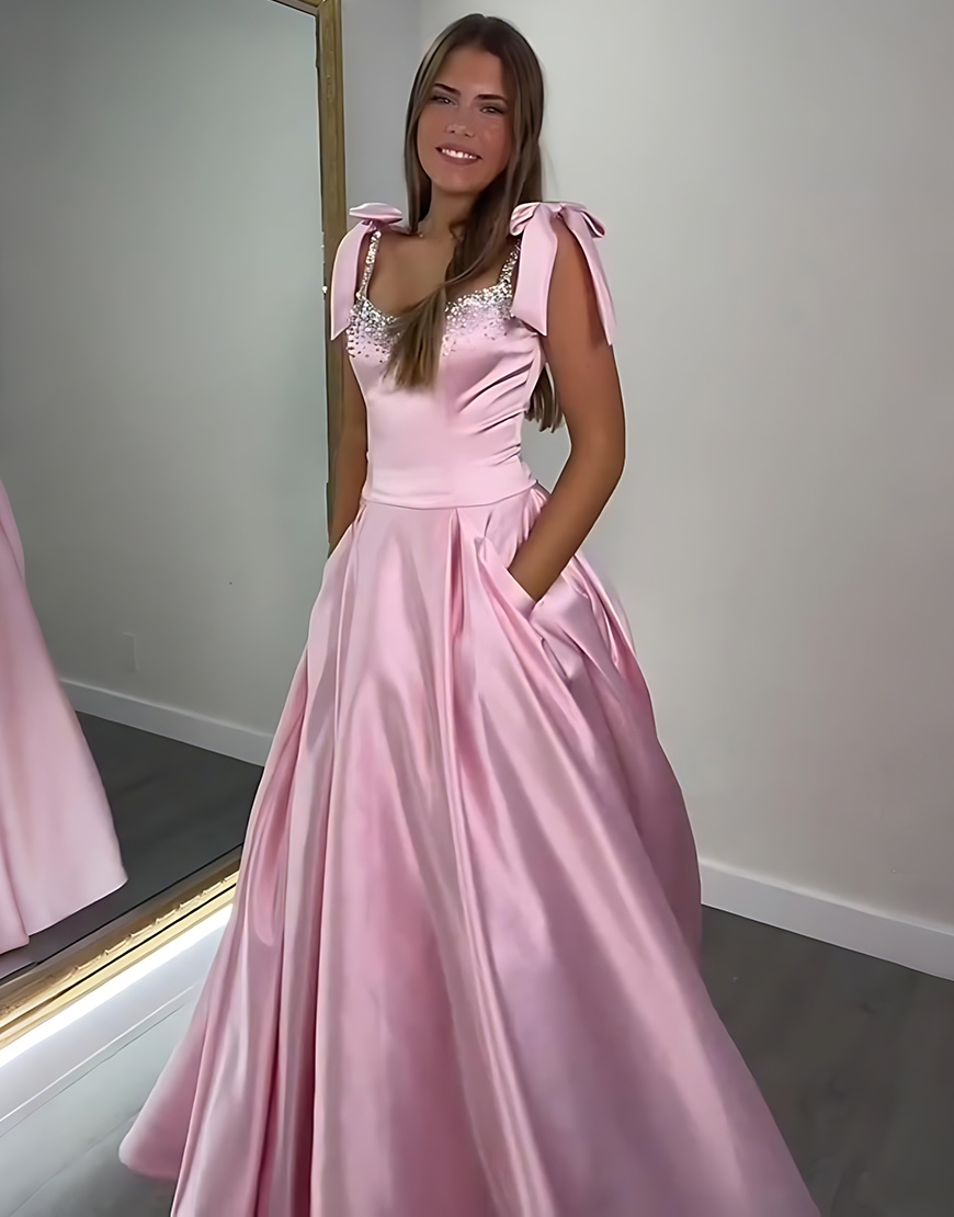 Sparkly Red Beaded A Line Long Satin Prom Dress with Bow