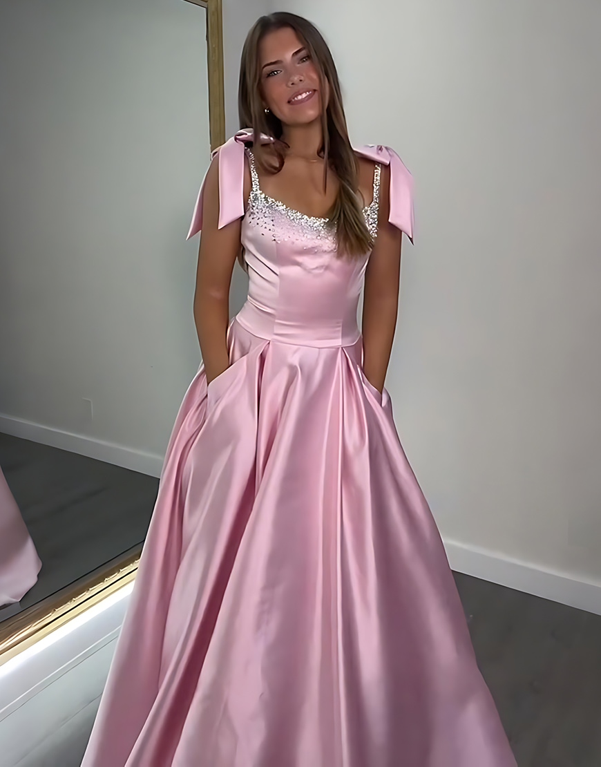 Sparkly Red Beaded A Line Long Satin Prom Dress with Bow