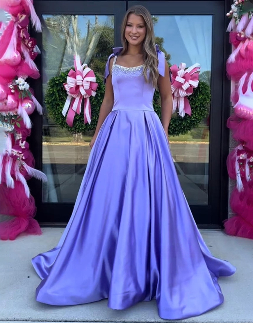 Sparkly Red Beaded A Line Long Satin Prom Dress with Bow