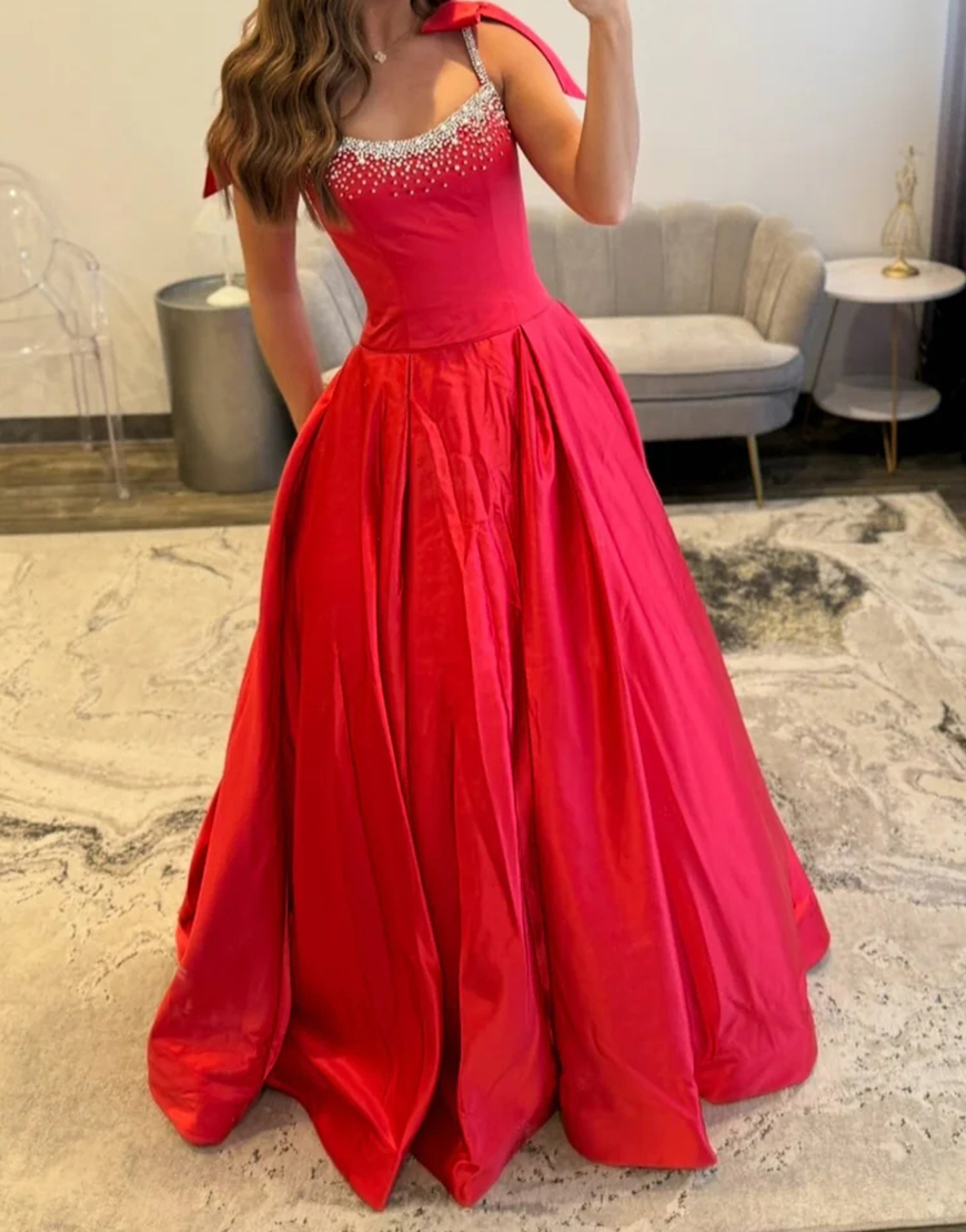 Sparkly Red Beaded A Line Long Satin Prom Dress with Bow