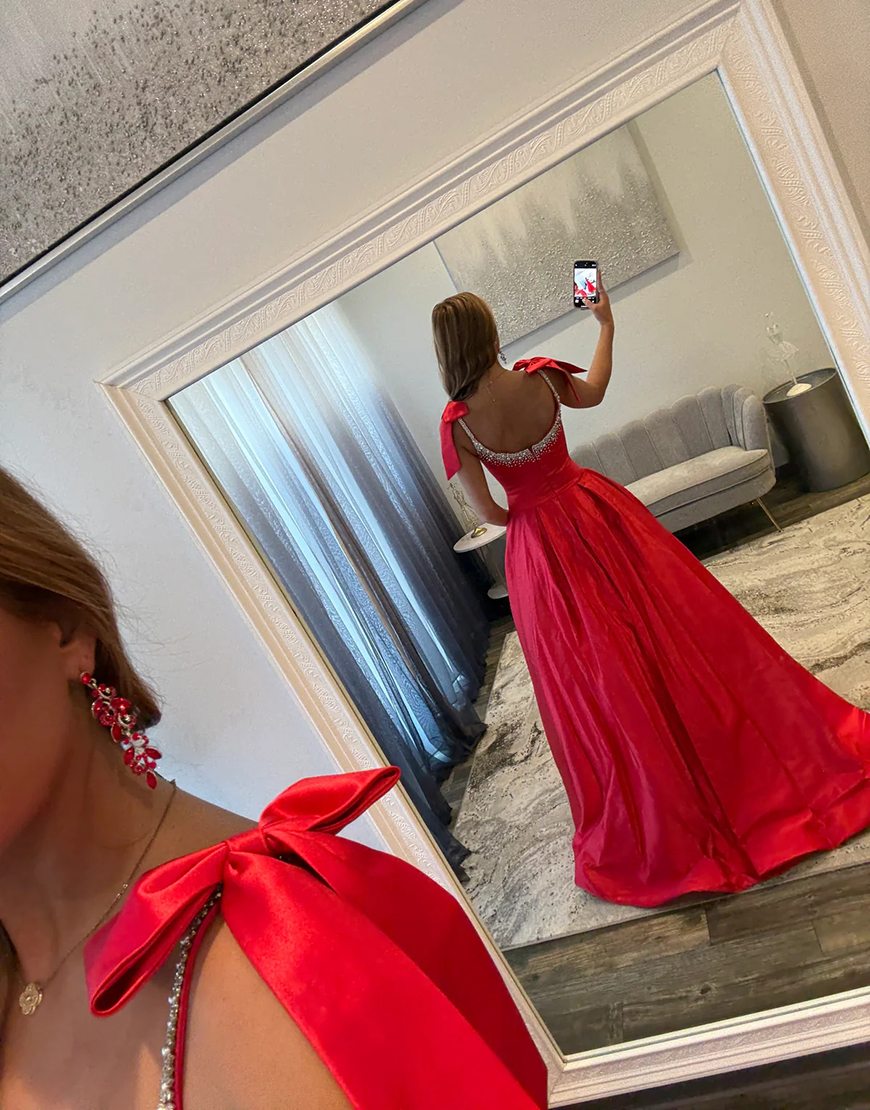 Sparkly Red Beaded A Line Long Satin Prom Dress with Bow