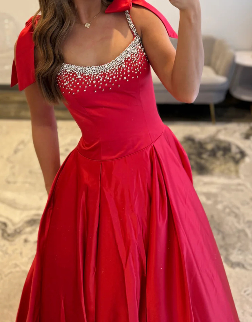 Sparkly Red Beaded A Line Long Satin Prom Dress with Bow