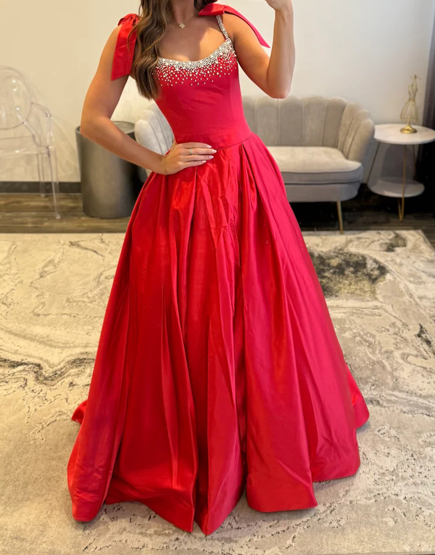 Sparkly Red Beaded A Line Long Satin Prom Dress with Bow
