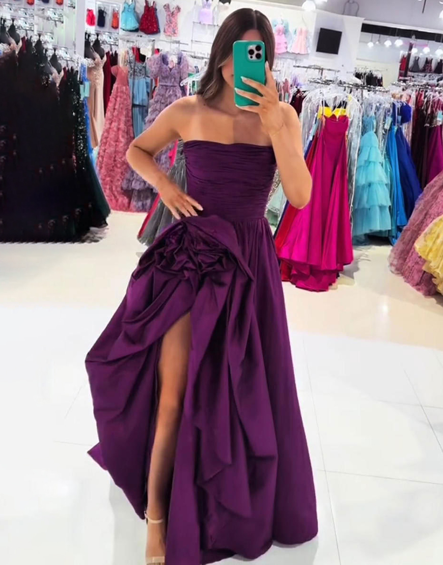 Purple Strapless Floral Ruffled Long Prom Dress with Slit