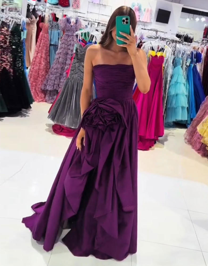 Purple Strapless Floral Ruffled Long Prom Dress with Slit
