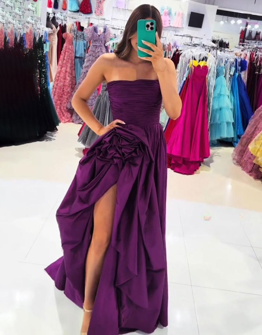 Purple Strapless Floral Ruffled Long Prom Dress with Slit