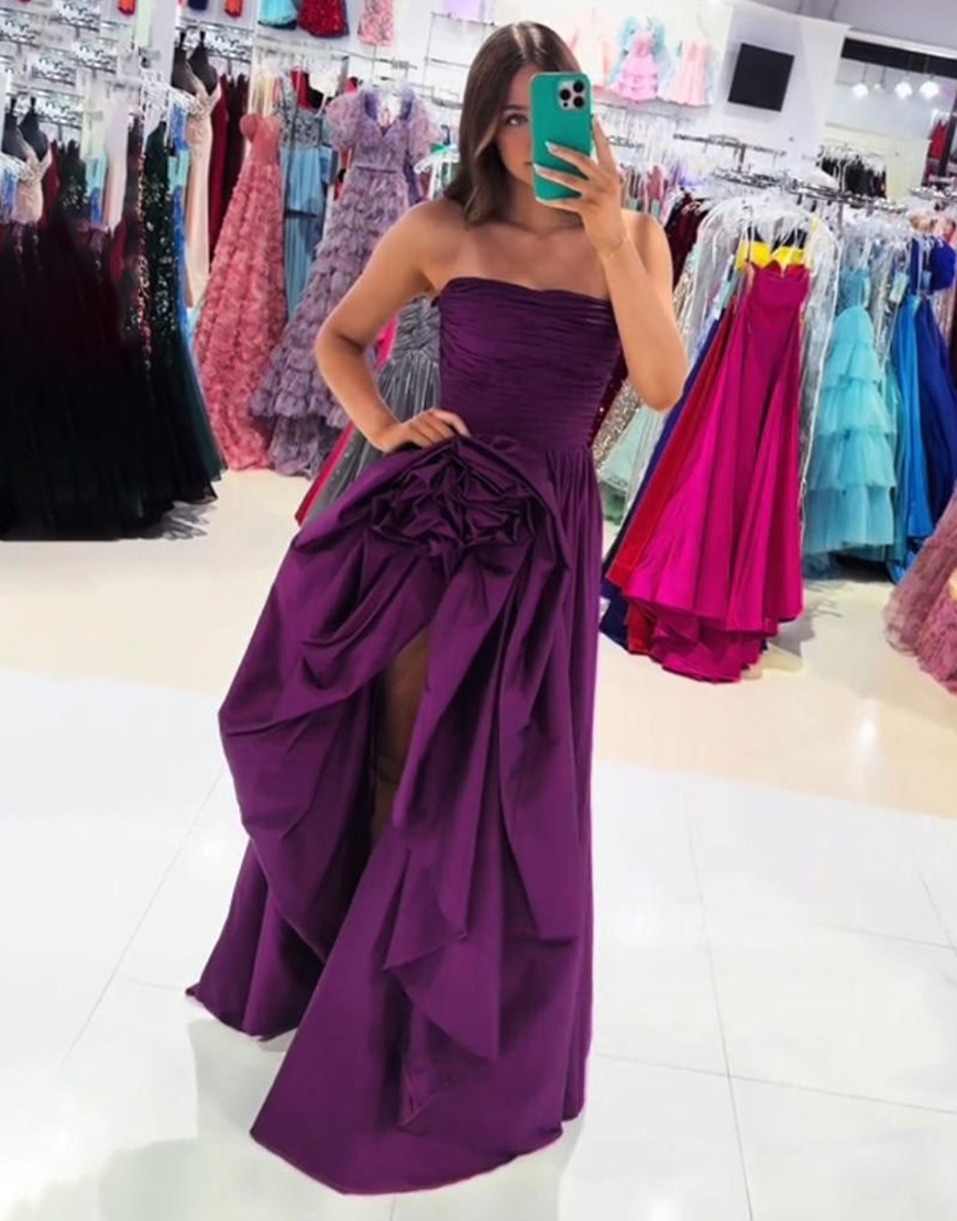 Purple Strapless Floral Ruffled Long Prom Dress with Slit
