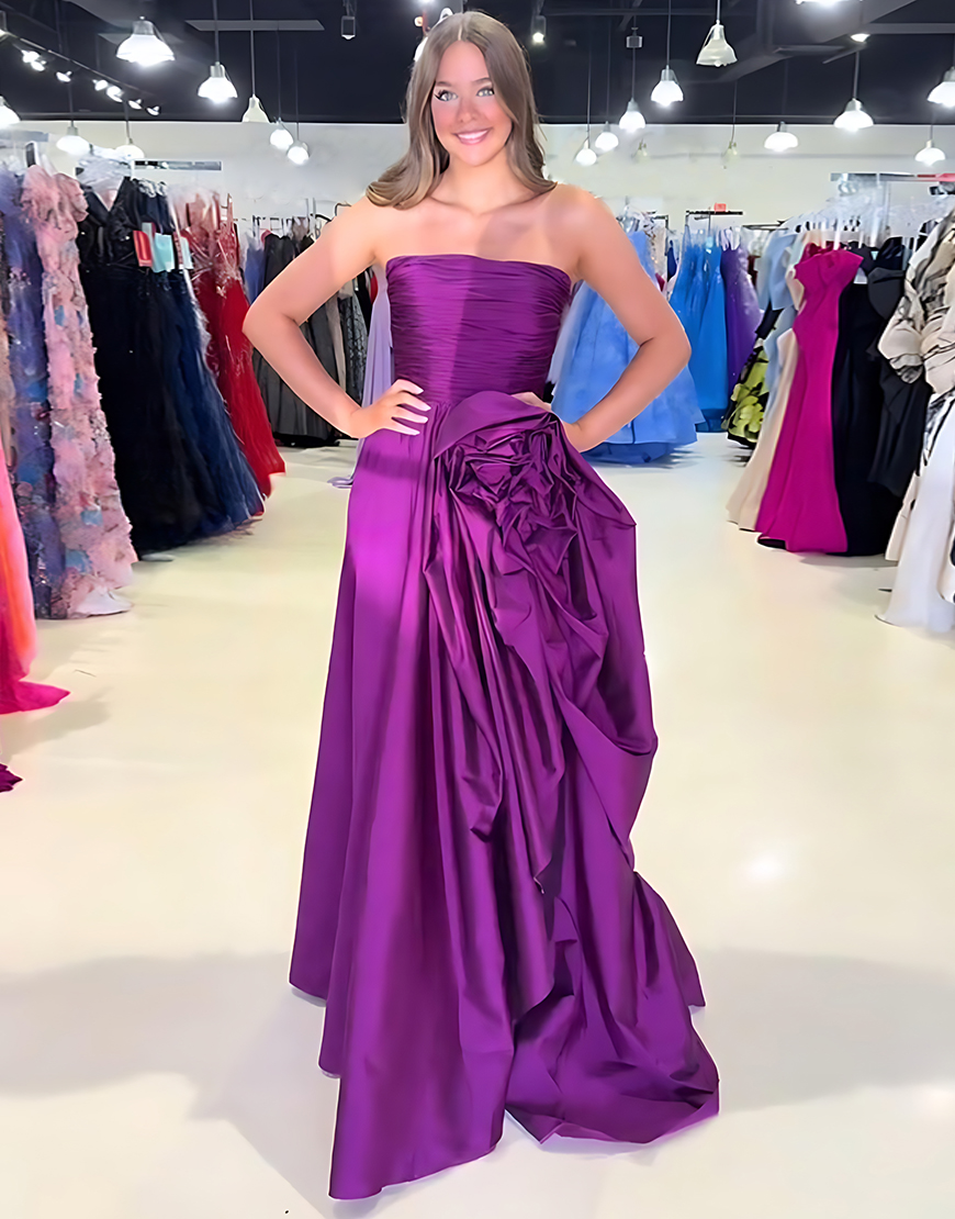 Purple Strapless Floral Ruffled Long Prom Dress with Slit
