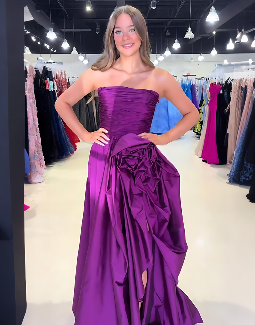 Purple Strapless Floral Ruffled Long Prom Dress with Slit