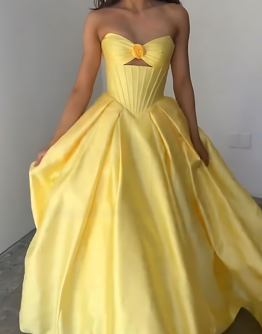 Yellow Sweetheart Satin Corset A Line Cut Out Long Prom Dress