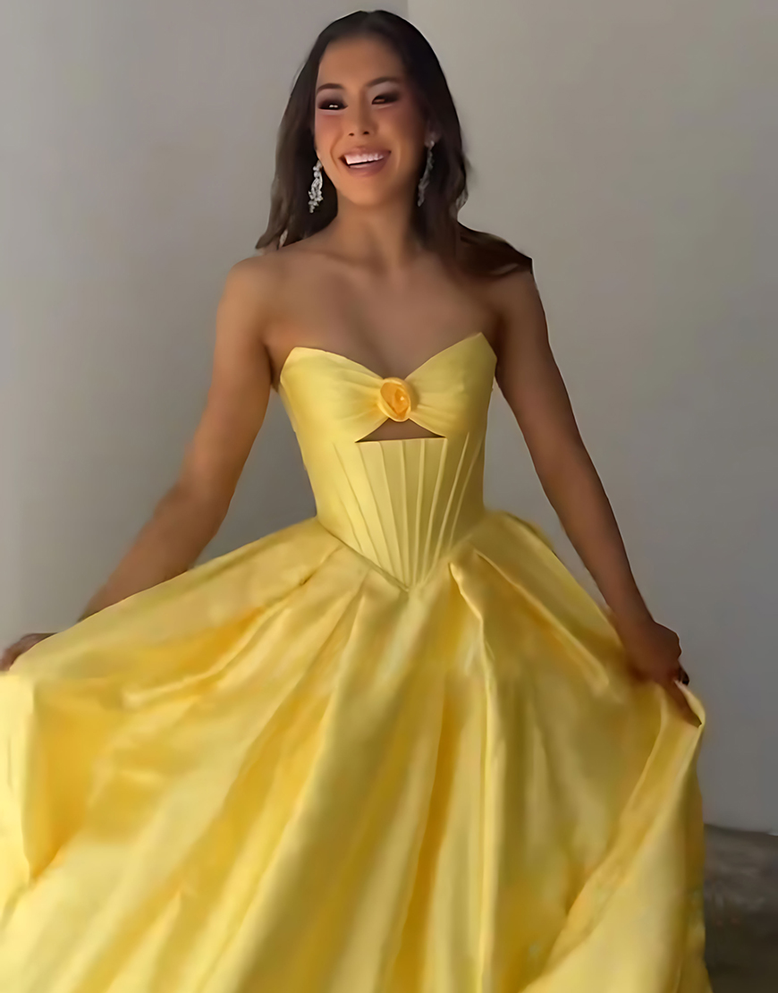 Yellow Sweetheart Satin Corset A Line Cut Out Long Prom Dress