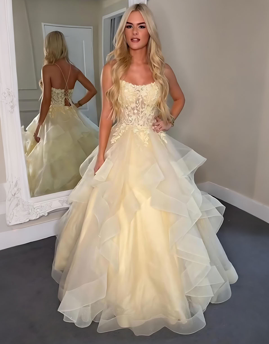 Yellow A Line Strapless Corset Long Prom Dress with Ruffles