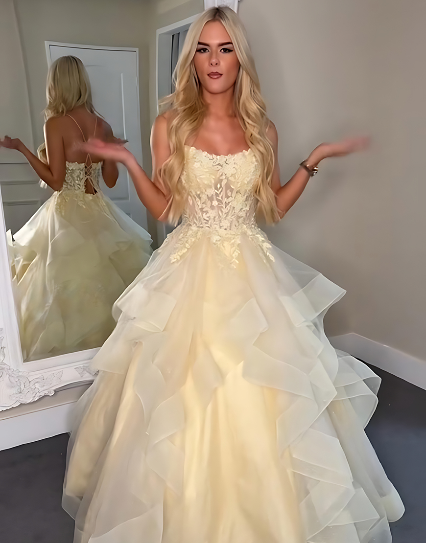 Yellow A Line Strapless Corset Long Prom Dress with Ruffles