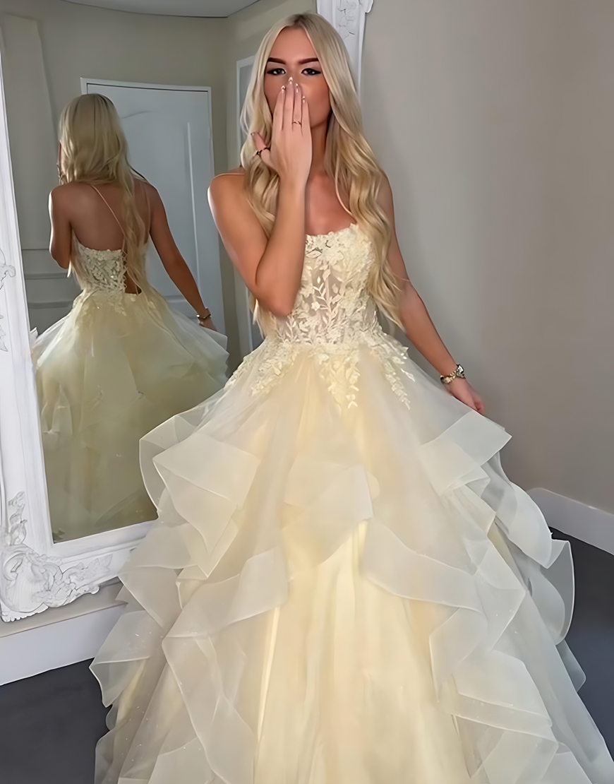 Yellow A Line Strapless Corset Long Prom Dress with Ruffles