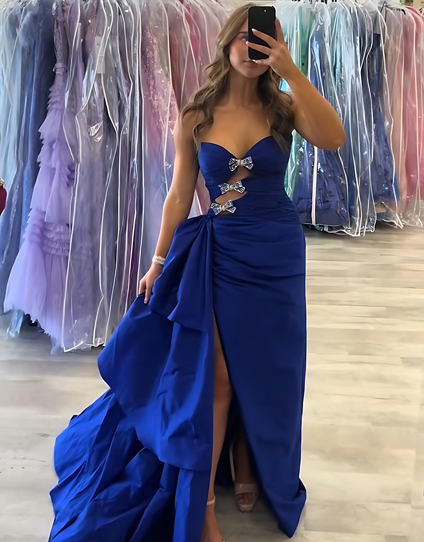 Royal Blue Mermaid Sweetheart Cut Out Long Prom Dress with Side Cape