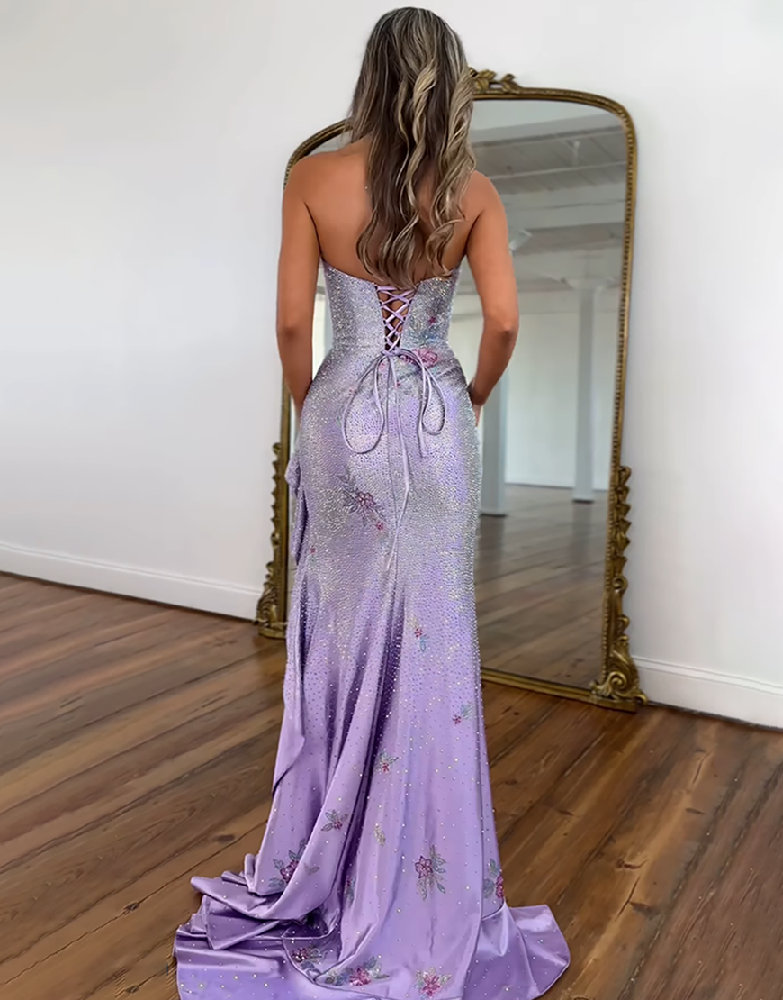 Sparkly Lilac Floral Beaded Ruffled Long Prom Dress with Slit