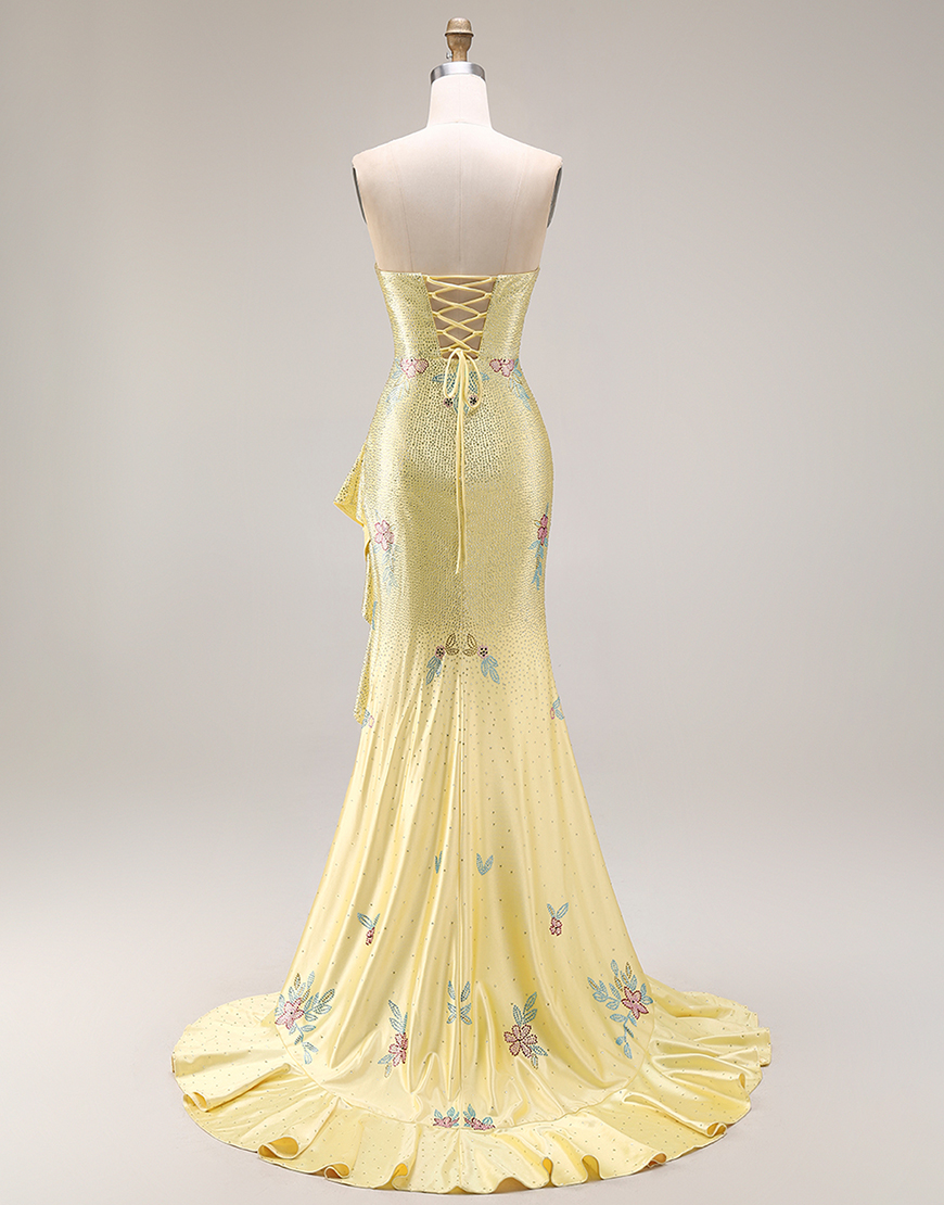 Sparkly Yellow Floral Beaded Ruffled Long Prom Dress with Slit