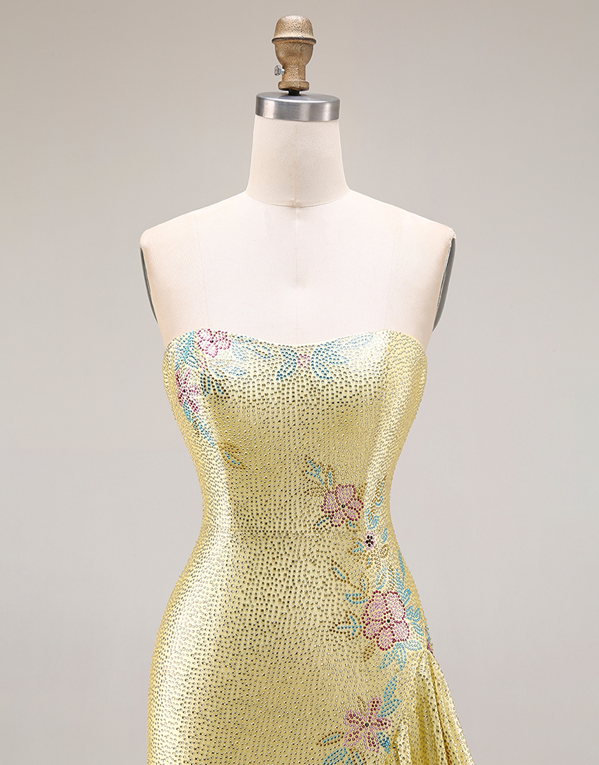 Sparkly Yellow Floral Beaded Ruffled Long Prom Dress with Slit