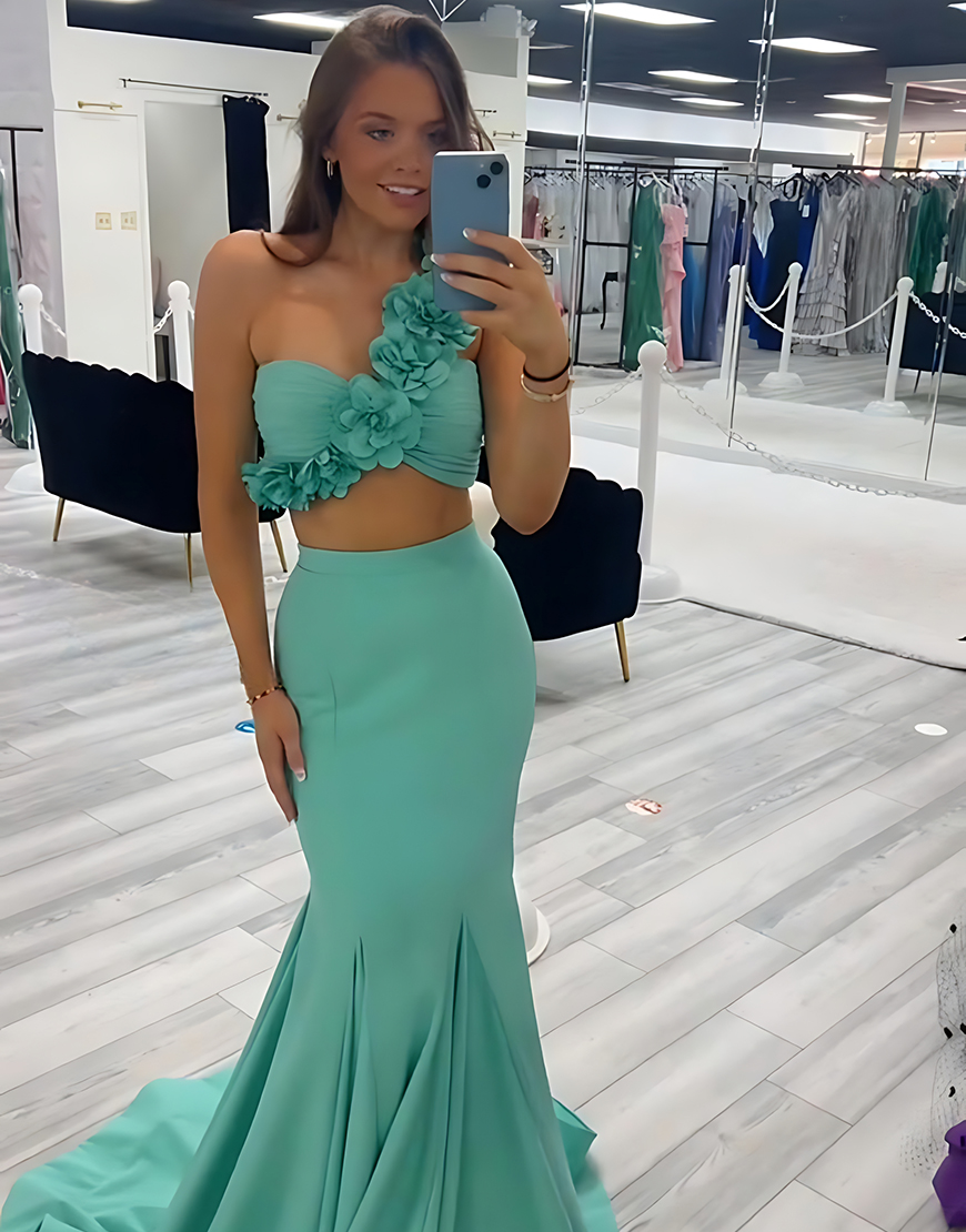 Green Mermaid Floral One Shoulder Long Satin Prom Dress