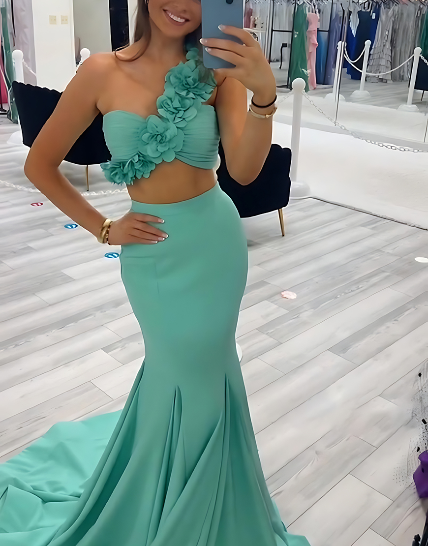 Green Mermaid Floral One Shoulder Long Satin Prom Dress