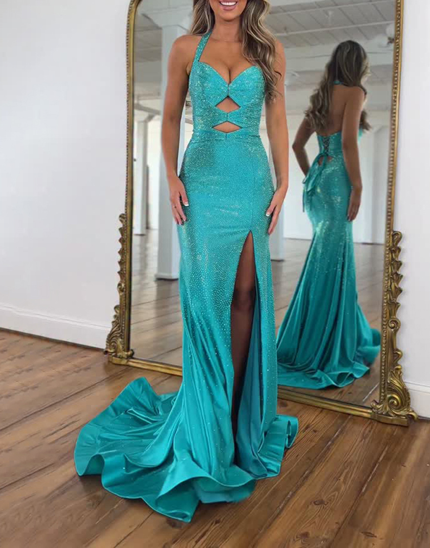 Sparkly Peacock Green Mermaid Keyhole Long Beaded Prom Dress with Slit